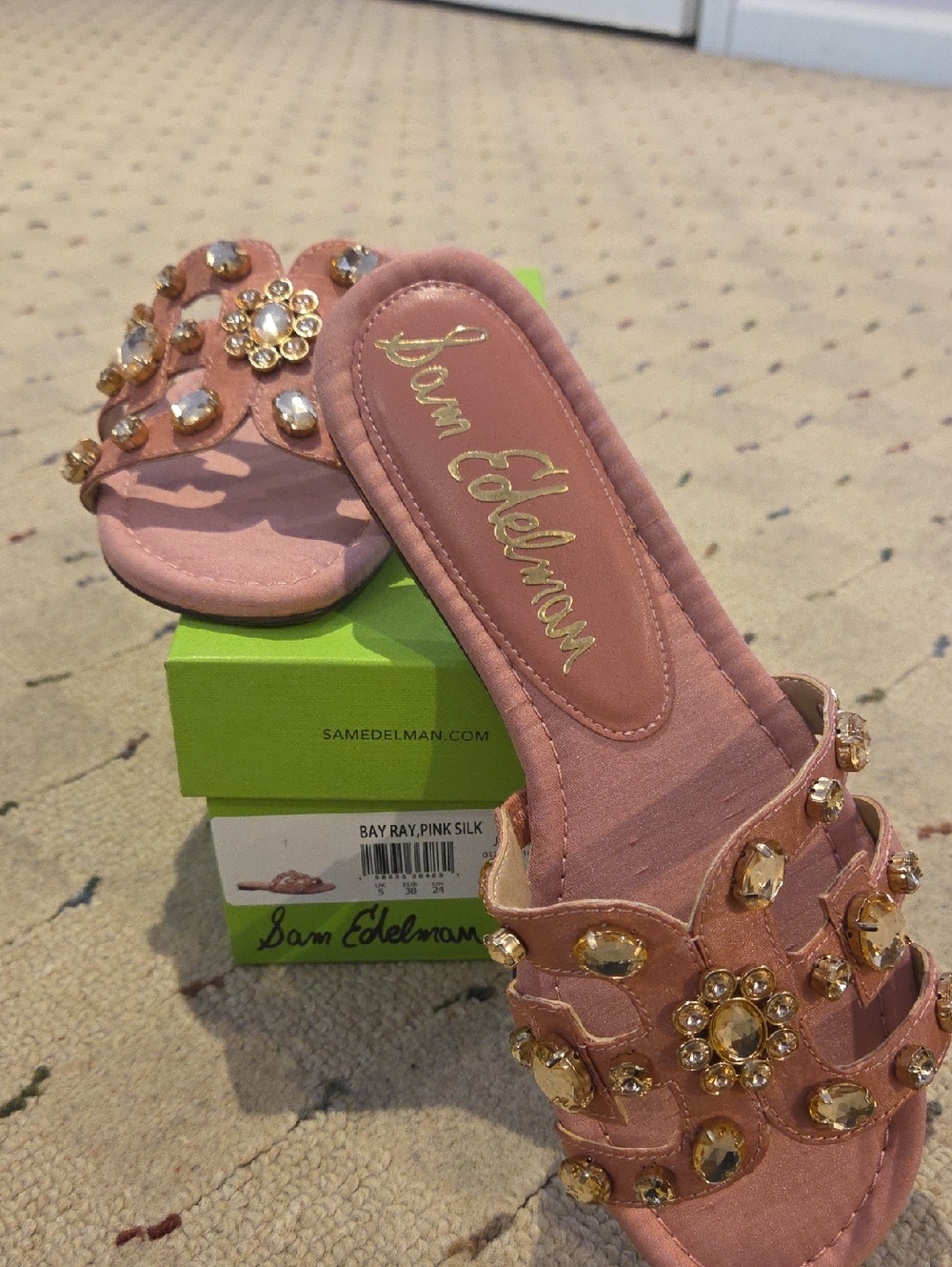 Sam Edelman Pink Silk Jeweled Slide Mules